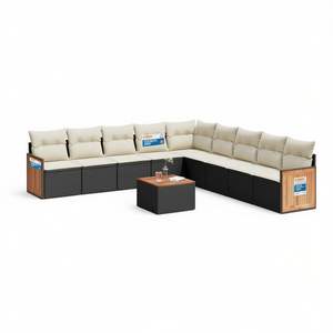 Ensemble de canapés de jardin en rotin noir 10 places, mobilier d'extérieur au design contemporain, résistant aux intempéries, structure en teck - Product Image 1