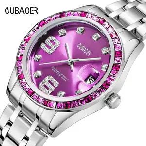 Oubaer 6093 奢华银色女装时钟时尚钻石大数字日期显示字符休闲手表