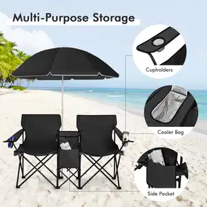 Дешевый черный двухместный складной стул для рыбалки на лужайке, набор для кемпинга, Двухместный складной стул для кемпинга, пляжный стул с зонтиком, навес