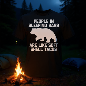 Camiseta con estampado de personas en sacos de dormir como tacos de cáscara blanda - Product Image 3