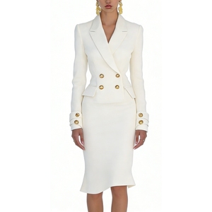 Women's Double-Breasted Blazer Dress - <strong>Gold</strong> Button Midi Sheath Womens <strong>Clothes</strong> Dresses Sehe Fashion - Product Image 5