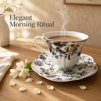 Ensemble tasse et soucoupe à café en céramique, style vintage européen, gris et or, motif floral, bord festonné, finition dorée, pour le thé de l'après-midi, 250 ml, réutilisable, pour la maison