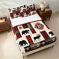 Parure de lit rustique style campagnard avec motif patchwork à carreaux buffle et ours, drap-housse zippé et 2 taies d'oreiller