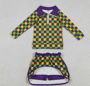 Completo da Ragazza GLD1362 Viola Verde Giallo a Quadri con Top con Zip e Shorts Gonne per Mardi Gras e Yoga - Product Image 6