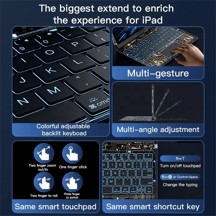 IFacomall özel şarj edilebilir taşınabilir arkadan aydınlatmalı trackpad klavye ipad kılıfı 360 döndür kablosuz klavye tablet kılıfı