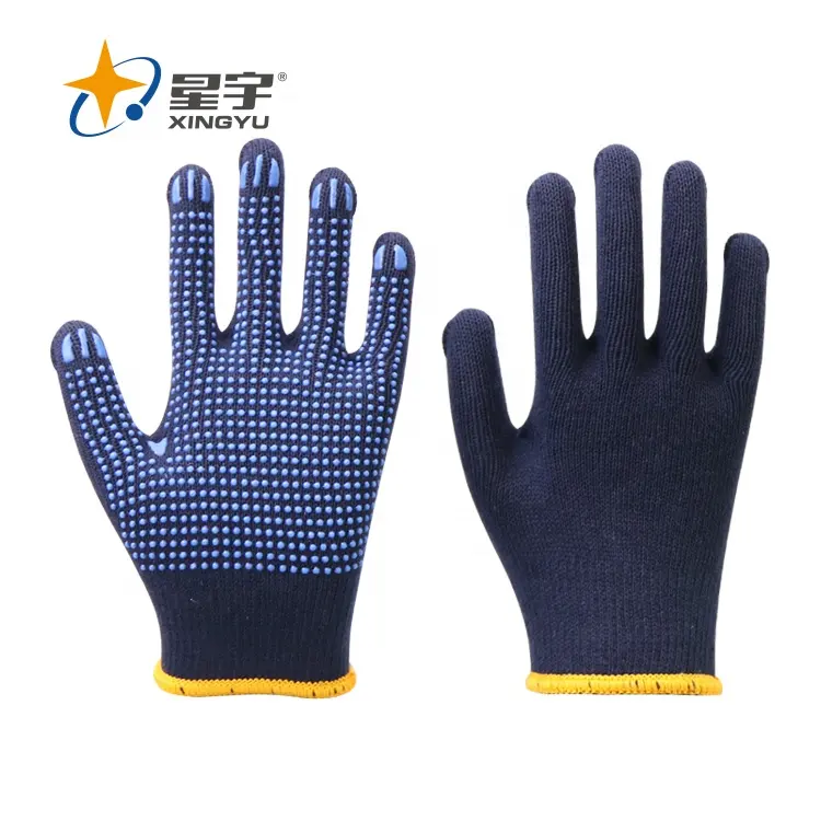 Xingyu ถุงมือผ้าฝ้ายสีฟ้า,ถุงมือทำงานผ้าฝ้ายลายจุด PVC ถุงมือความปลอดภัย