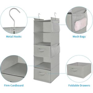 5 Tier Hanging Closet Organizer Light Grey Foldable Storage <b>Shelf</b> With <b>Hooks</b> For Bedroom Neatening - Product Image 5