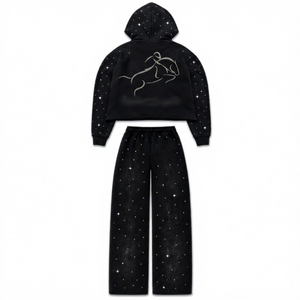 Custom unisex Black Rhinestone Cropped Zip Up Hoodie Wide Leg Tracksuit Set <b>Sparkle</b> Fleece <b>Jacket</b> Wide Leg Pants Outfit - Product Image 2