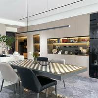 Buffet-chauffe-plat intégré avec panneau sans joint personnalisé, grand rangement pour entrée de maison au design minimaliste et aux tons neutres