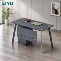 Escritorio de Oficina Moderno de Vidrio con Archivador Móvil de 3 Cajones, Patas Metálicas Extensibles Negras, Panel de Modestia, para Oficina en Casa