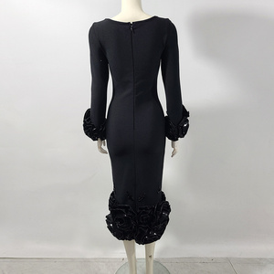 C3724 stile europeo a <span class=keywords><strong>maniche</strong></span> <span class=keywords><strong>lunghe</strong></span> da donna a maglia abito <span class=keywords><strong>Midi</strong></span> <span class=keywords><strong>nero</strong></span> elegante da sera da donna - Product Image 4