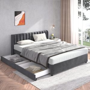 <span class=keywords><strong>Base</strong></span> de Cama Moderna de Tamaño Completo <span class=keywords><strong>con</strong></span> 2 Cajones, Estructura de Madera <span class=keywords><strong>con</strong></span> Listones, Tapicería de Terciopelo y Cabecera Ajustable - Product Image 2