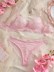 Floral Lace Womens Intimates Lingerie Set Sexy Sheer Mesh Underwire <b>Bra</b> and Thong Panties Elegant Womens Underwear Set OEM ODM - Product Image 3