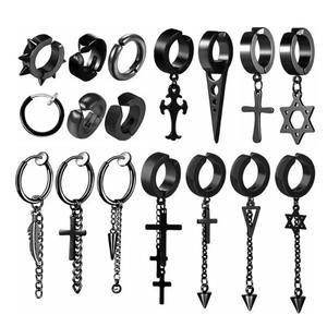 Juego de pendientes con clip, aleación de zinc negra, cruz, estrella de seis puntas, estilo retro punk, joyería de moda para mujer - Product Image 2