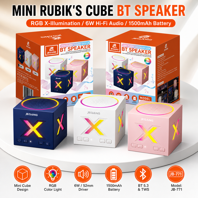 JB-771 Mini Rubik's Cube BT Speaker RGB Colorful Light 6W 52mm Driver 1500mAh Battery Wireless Soundbox with Box
