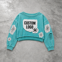 Sweatshirt Pria Custom Aqua Vintage Wash Crewneck dengan Detail Patch Cetak Bintang, Lengan Distressed Raw Hem OEM ODM