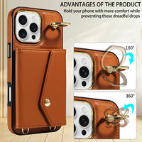 Étui de téléphone à bandoulière accordéon pour iPhone 16 Pro Max, portefeuille 7 cartes, blocage RFID, support anneau antichoc, protection 360°