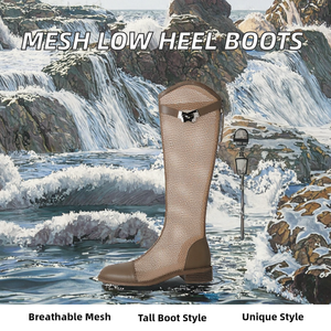 รองเท้าบูทผู้หญิงแบบยาวเหนือเข่า ดีไซน์ใหม่ ปรับแต่งได้ ส้นเตี้ย โปร่ง ระบายอากาศ ทำจาก PU กันลื่น เหมาะสำหรับฤดูหนาว มีเชือกผูก - Product Image 1