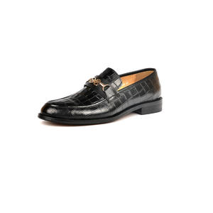 Black Genuine Leather Round Toe With <b>Gold</b> Buckle <b>Flat</b> Slip-On Dress <b>Shoes</b> Drop Shipping - Product Image 3