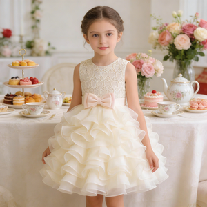 Abito da <span class=keywords><strong>Cerimonia</strong></span> per Bambina con Cuore in Pizzo e Fiore, Vestito Formale in Raso e Pizzo con Fiocco, Abbigliamento per Bambini all'Ingrosso - Product Image 5