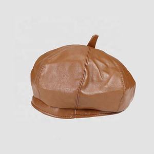 Autumn and Winter PU Leather <b>Beret</b> <b>Women</b> Black British Retro Leather Octagonal Hat - Product Image 6