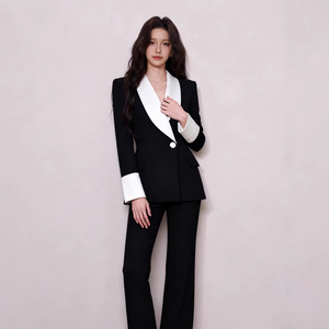Elegante Completo da Donna con Blazer e <span class=keywords><strong>Pantaloni</strong></span> Bianco/Nero a Contrasto, Set Due Pezzi Femminile alla Moda con Bottone Singolo e Colletto a Risvolto, Vestibilità Slim - Product Image 3