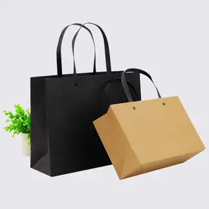 Пользовательский логотип перерабатываемый биоразлагаемый черный мешок для покупок из крафт-бумаги портативный упаковочный мешок