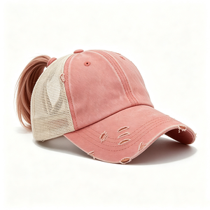 Casquette trucker pour femme avec ouverture pour queue de cheval, en coton délavé et usé, dos en maille, style Y2K, décontractée, pour l'extérieur, logo personnalisé - Product Image 5