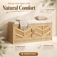 Banc de rangement style ferme avec portes de placard en cannage chevron, poignées dorées, coussin, siège d'entrée OEM ODM