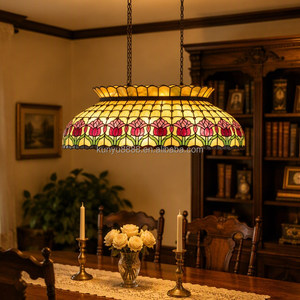 Magnifique lustre européen Tiffany en verre teinté, fait main, motif tulipe, 6 lumières, pour salle à manger - Product Image 2
