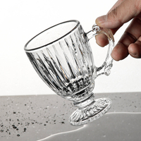 Vintage glazen mok met voet en handvat, verticaal geëmbossed glazen beker voor koffie, thee, sap en wijn