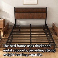 Lit de rangement moderne Queen Size avec tête de lit en bois de chêne, 4 tiroirs de rangement, port de charge USB, structure en acier robuste, design plateforme, facile à monter