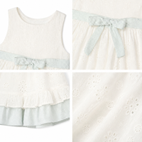 Robe d'été blanche brodée à œillets pour filles, sans manches, avec nœud rayé menthe à la taille et ourlet à volants, jupe trapèze pour la maternelle et le quotidien