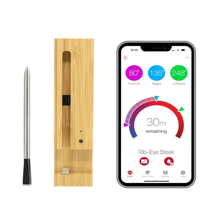 Lange Afstand Draadloze Slimme Vleesthermometer Catering Indoor Vlees Pin Sonde Voedsel Bbq Thermometers Met Bluetooth Booster