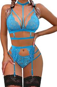 Venta al por Mayor Conjunto de Lencería de Encaje para Mujer Talla Grande con Liguero Medias Gargantilla Extraíble y Panty Bordado de Malla - Product Image 5