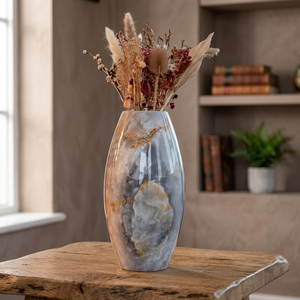 Vase décoratif en résine onyx, aspect marbre, pour fleurs, centre de table de mariage, décoration intérieure, onyx gris naturel, vase ovale haut - Product Image 2