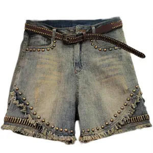 Custom Y2K Heavy Craft Denim Shorts Diamond Rivet Jeans Distress Dirty Washed Pants