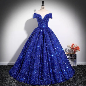 Off Shoulder <b>Sequined</b> Evening Gown Blue Ball Gown Taffeta Fabric Women's Formal Dress - Product Image 2