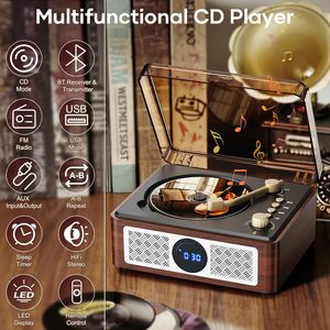 Lecteur <span class=keywords><strong>CD</strong></span> portable pour enceintes avec radio FM, télécommande, USB/AUX/Type-C, design rétro pour la maison et les enfants, marron - Product Image 2