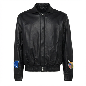 Blouson universitaire en cuir chaud pour homme, décontracté, à fermeture éclair, chauffant, teint uni - Product Image 1