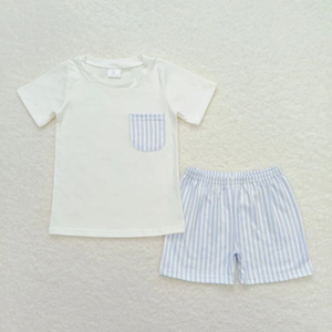 Conjuntos de Ropa para Hermanos al por Mayor, Estampado a Rayas Blanco y Azul, Ropa Casual de Verano para Bebés Niñas y Niños, de Algodón y Spandex Ecológico - Product Image 4