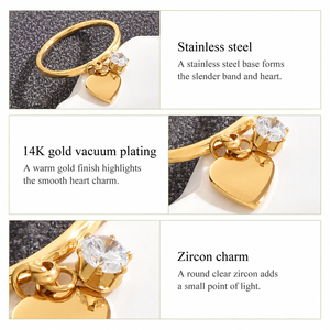 Anillo con Dije de Corazón y Circonita, Banda Delgada de Acero Inoxidable, Opciones en Color Oro y Plata, con Acabado en Oro de 14K con Recubrimiento al Vacío - Product Image 4