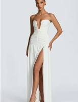 Robes de soirée chic pour femme 2026 – Robes longues fendues dos nu à épaules dénudées, élégantes, plissées, sans bretelles, col en V profond