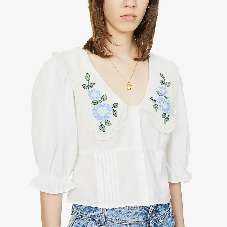 Summer 2022 new fashion vintage ladies top floral embroidered lapel puffed sleeves short white cotton girls blouse