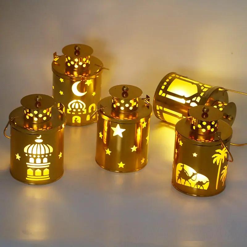 Islâmico muçulmano Ferro Eid LED Luz Ramadan Golden Iron Crafts Lanterna portátil Ramadan Vento Lâmpada Eid Decoração 2024 Kareem Luz