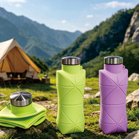 Bouteille d'eau pliable 600 ml, bouteilles d'eau pliables en silicone, anti-fuite, sans BPA, bouteilles d'eau de voyage avec mousqueton