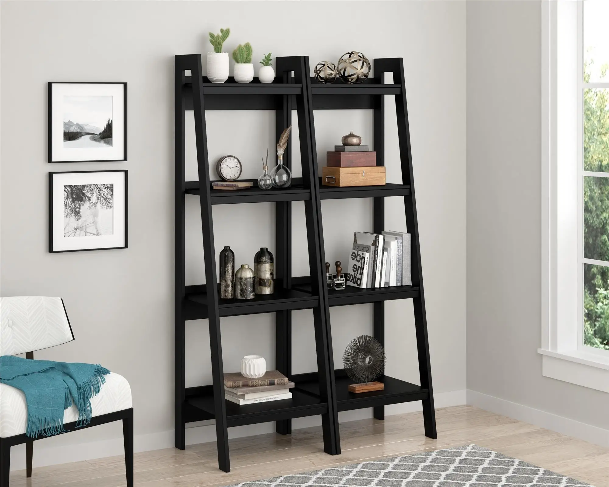 Fábrica al por mayor estantería muebles de sala de estar moderno diseño simple antiguo oficina estanterías escalera forma librería de madera