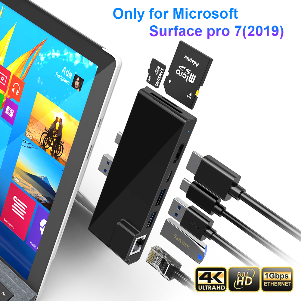 Surface D'accueil Hub USB 3.1 Type C 7 in1 USB-C Moyeu avec 4k HDMI multifonction Carte lecteur Adaptateur Pour Surface pro7