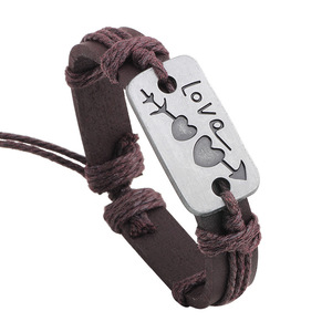 Pulsera de piel de vaca con forma de corazón, regalo para parejas de plata tibetana, joyería unisex, color marrón QNW1085 - Product Image 5