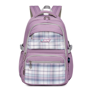 Purple Plaid Student <b>Backpack</b> <b>Waterproof</b> <b>School</b> Bag Large Capacity Zipper Bookbag for Girls - Product Image 4